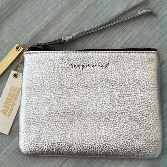 Aimee Kestenberg Silver Leather "Happy Hour Fund" zippered pouch - NWT - Picture 1 of 7